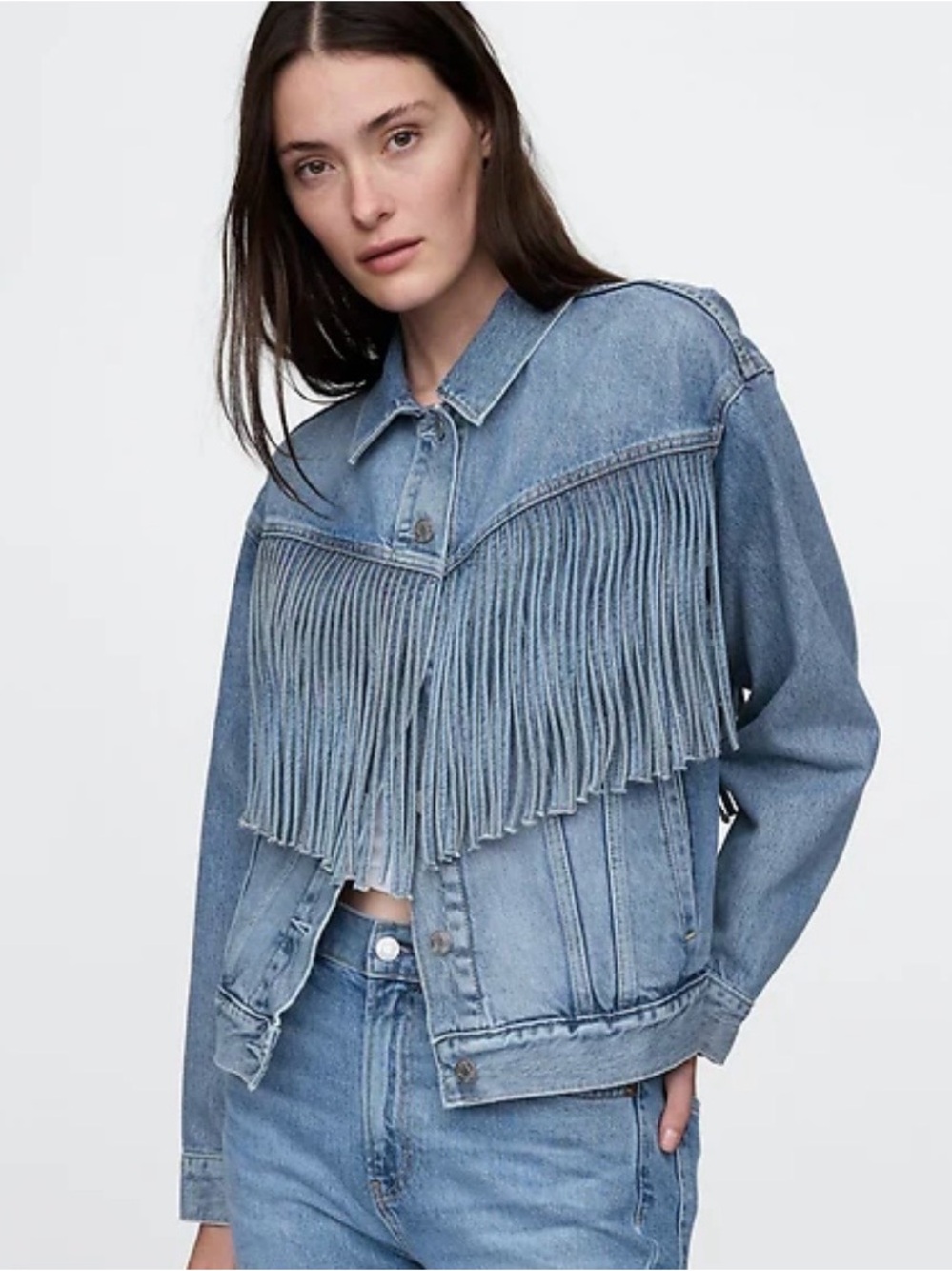 GAP Fringe Denim Jacket - Blue oversized S